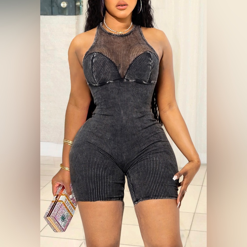 Crew Neck Plain Rib Knit Dark Grey Romper